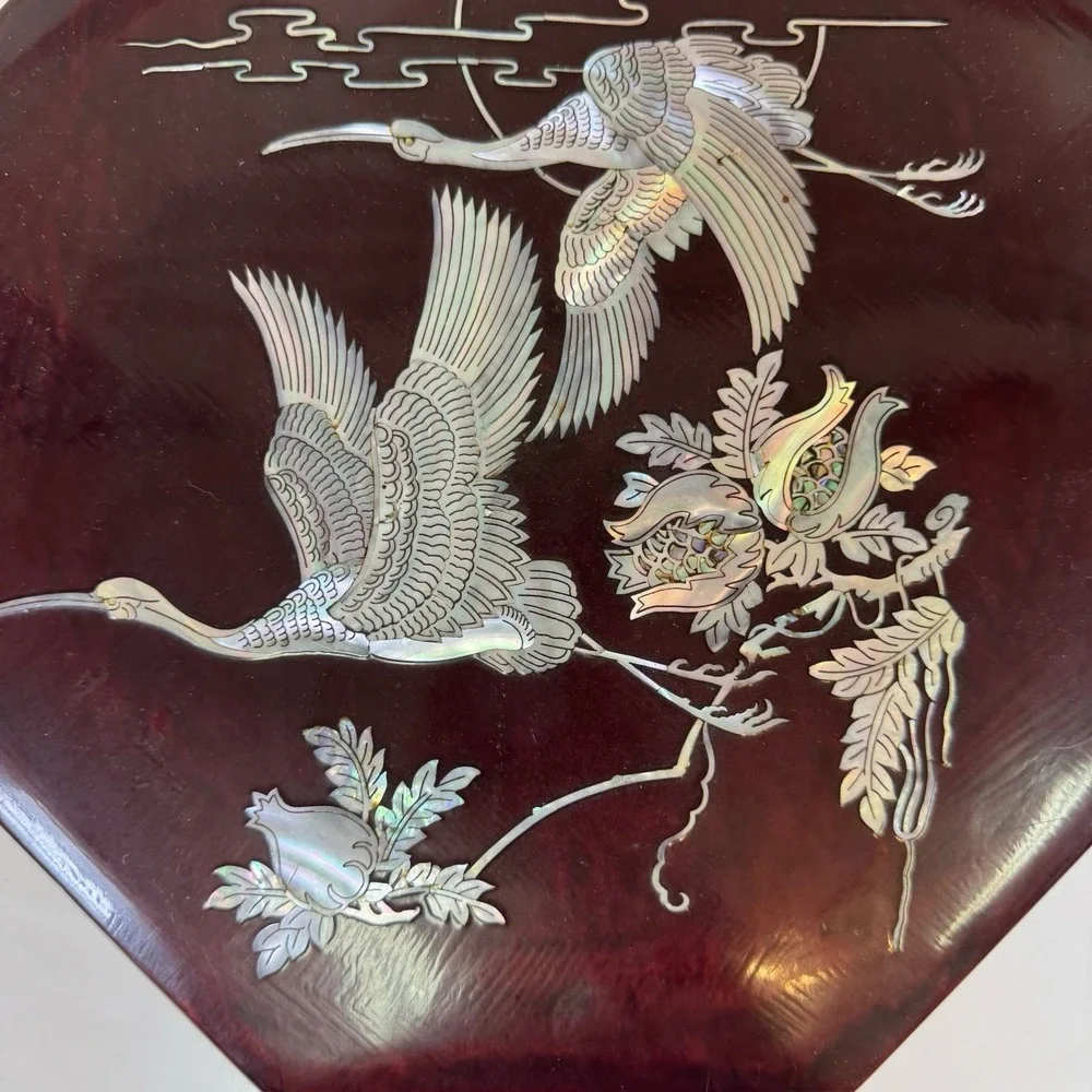 Vintage Korean Octagonal Lacquer Box Mother of Pearl Inlay Birds Military Signed